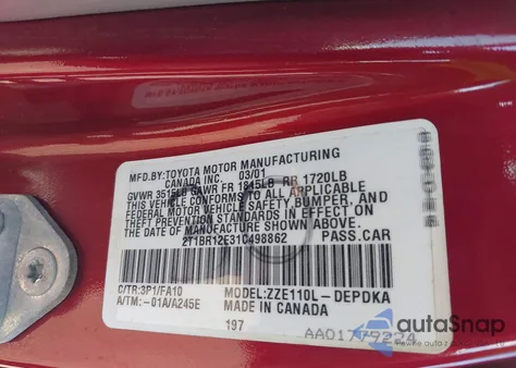 2001 Toyota Corolla Le z USA, uszkodzony, nr VIN 2T1BR12E31C498862